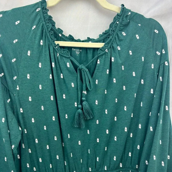 Garnet‎ Hill Ruffled Split Neck Knit Dress, Size Large, Long Sleeves, Green - Picture 4 of 8